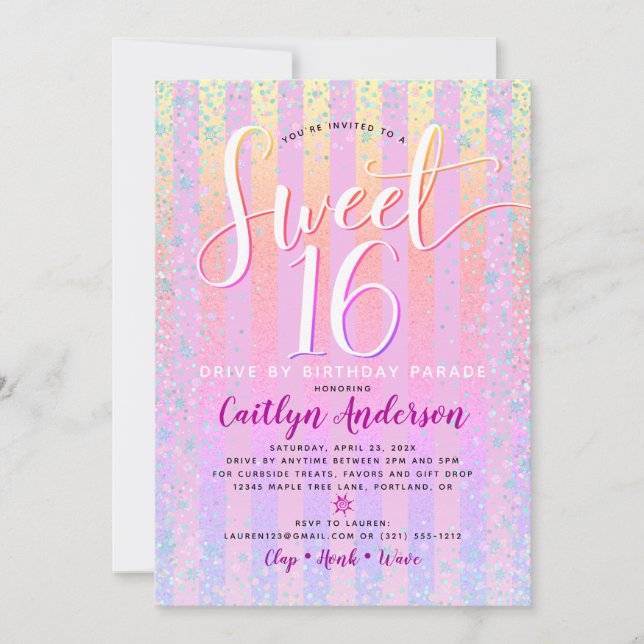 Convite Drive By Sweet 16 Birthday Girly Rainbow Ombre (Frente)