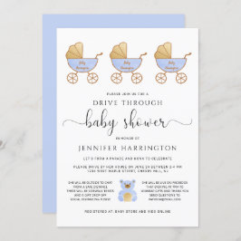 Convite Drive Through Baby Boy Chá Retro Carruagem Azul