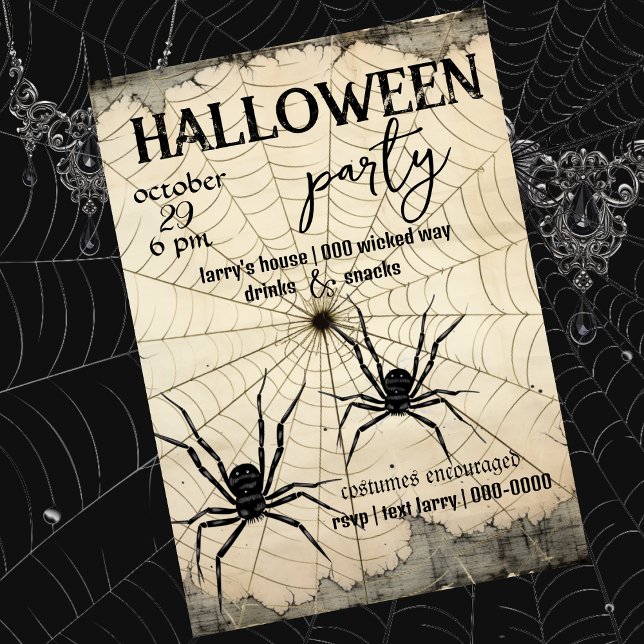 Convite Duas Aranhas Negras na Aranha | Antiquado (Black spiders, spider web, customizable Halloween Party invitation. )
