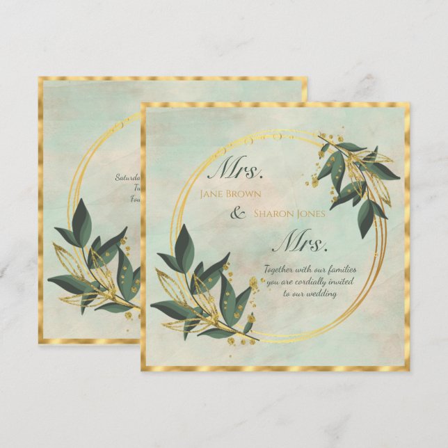 Convite Duas Brides Lésbicas Watercolor Casamento Verde In (Frente/Verso)