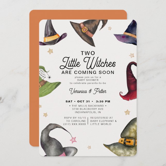 Convite Duas Bruxas Gêmeas Chá de fraldas de Halloween (Frente/Verso)