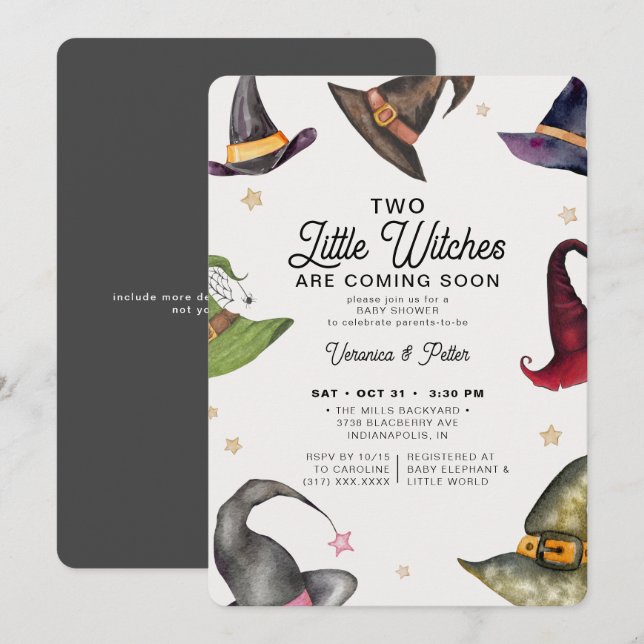 Convite Duas Bruxas Gêmeas Chá de fraldas de Halloween (Frente/Verso)