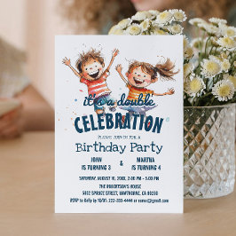 Convite Duas crianças felizes com Festa de aniversário dup