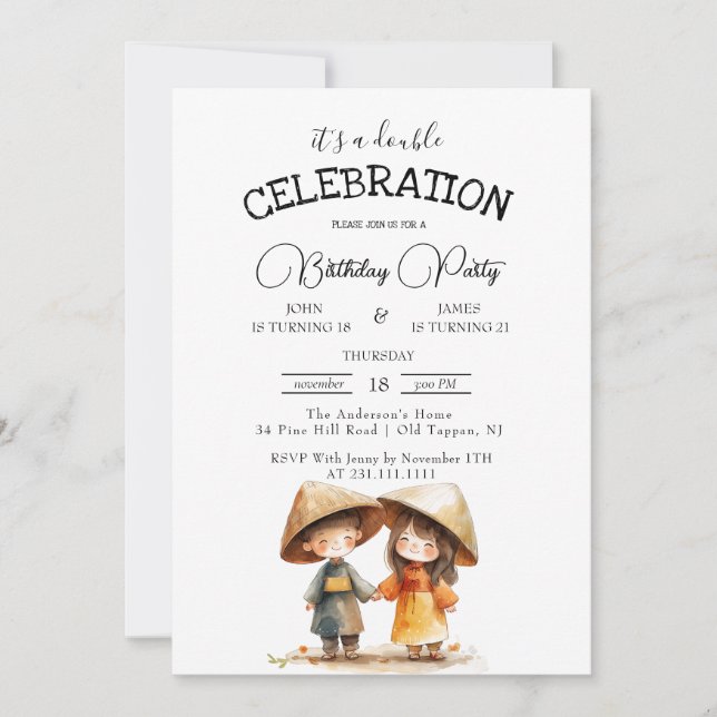 Convite Duas Crianças Oriental Festa de aniversário Dupla  (Frente)