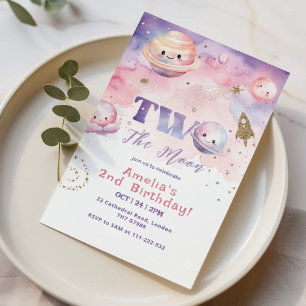 Convite Duas da Lua segundo aniversário rosa-menina do esp