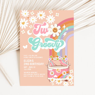 Convite Duas Daisy Rosa Groovy Van 2º Aniversário Arco-íri