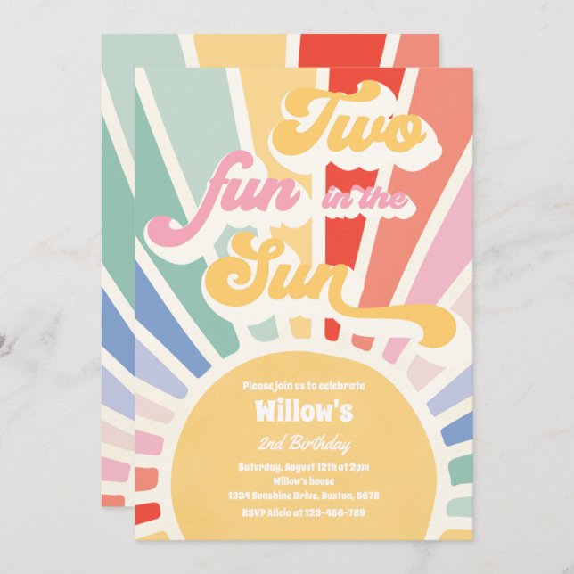 Convite Duas Diversão Em Raios Rosa-Rosa De segundo aniver (Frente/Verso)