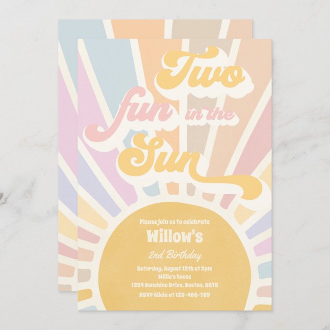 Convite Duas Diversão Em Raios Rosa-Rosa De segundo aniver (Frente/Verso)