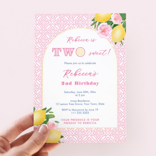 Convite Duas Festas de segundo aniversário de Flores Rosa  (Two sweet lemons 2nd birthday party invitations for girl featuring watercolor pink florals and tiles)