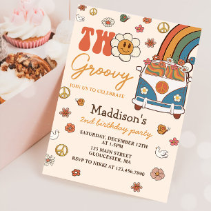 Convite Duas Festas do segundo aniversário Arco-Íris Retro
