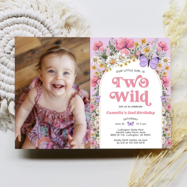 Convite Duas Foto de segundo aniversário de Flor Selvagem  (Two Wild Butterfly Wildflower 2nd Birthday Photo Invitation)