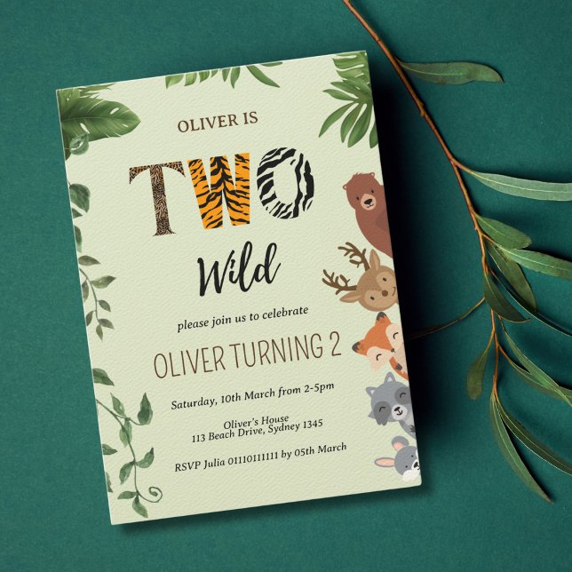 Convite Duas letras animais selvagens segundo aniversário  (Criador carregado)