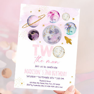 Convite Duas Luas Rosa Dourado Aniversário Do Espaço Exter