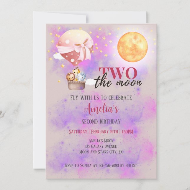 Convite Duas Meninas da Lua Animais Balão Aniversário de 2 (Frente)