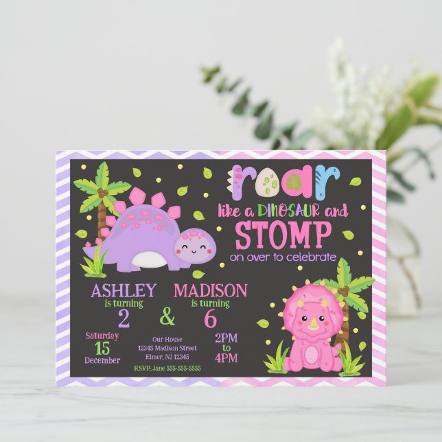 Convite Duas Meninas Dinossauros Irmãs Aniversário Conjunt (Em pé/Frente)