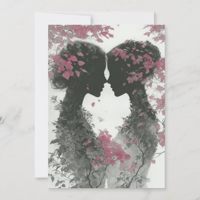 Convite Duas Noivas Desenhadas à Mão a Lápis Rosa Preto (Frente)