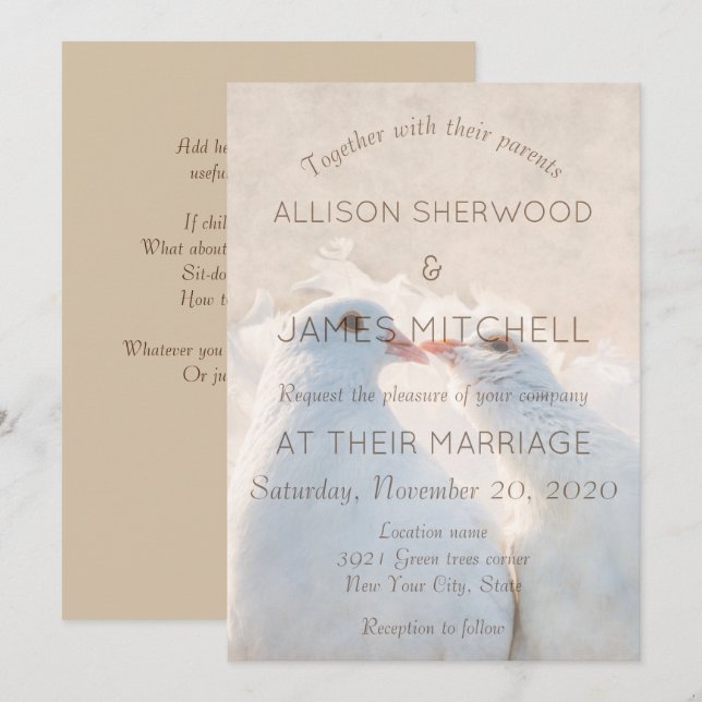 Convite Duas pombas brancas beijadoras (Frente/Verso)