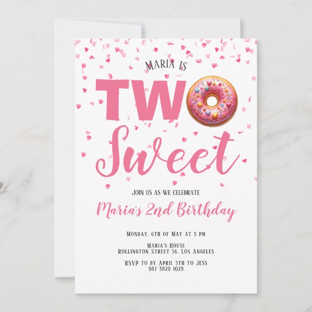 Convite Duas Rosquinhas cor-de-rosa doce segundo aniversár (Frente)