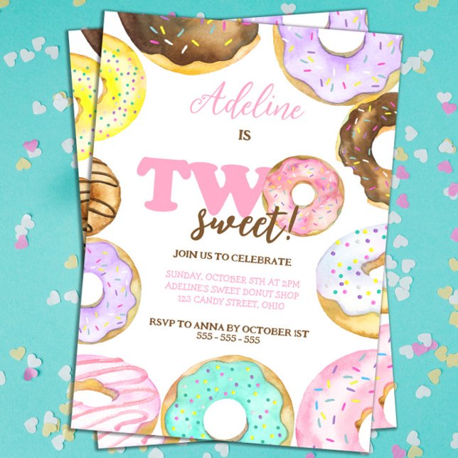 Convite Duas Rosquinhas doces segundo aniversário Girl Wat (2nd Birthday Invitation Donuts Two Sweet)