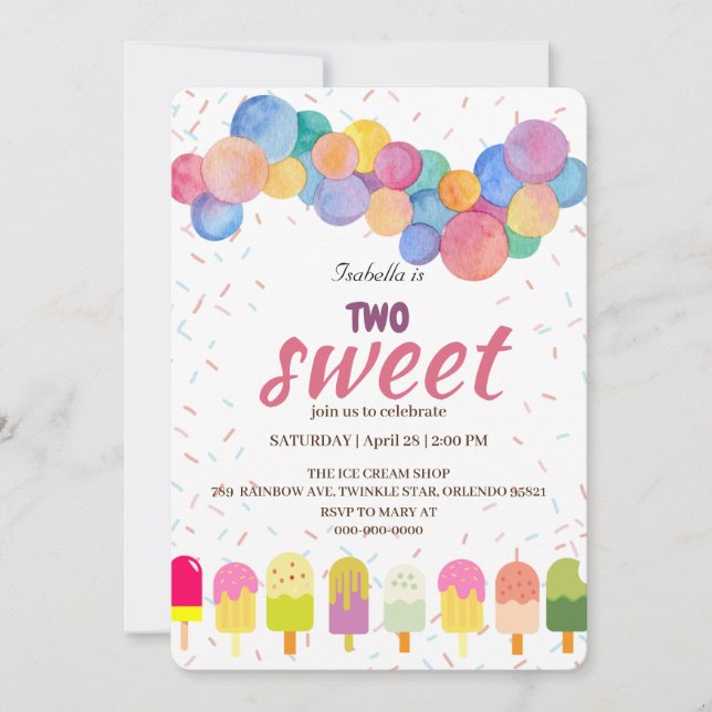 Convite Duas sorvetes doces e segundo aniversário de picol (Frente)