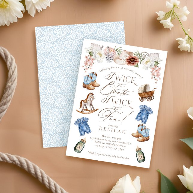 Convite Duas vezes o Chá de fraldas Boots Twin Boys Wester (Twice the Boots Twin Boys Western Baby Shower Invitation)