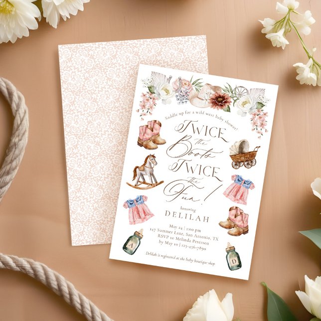 Convite Duas vezes o Chá de fraldas Boots Twin Girls Weste (Twice the Boots Twin Girls Western Baby Shower Invitation)