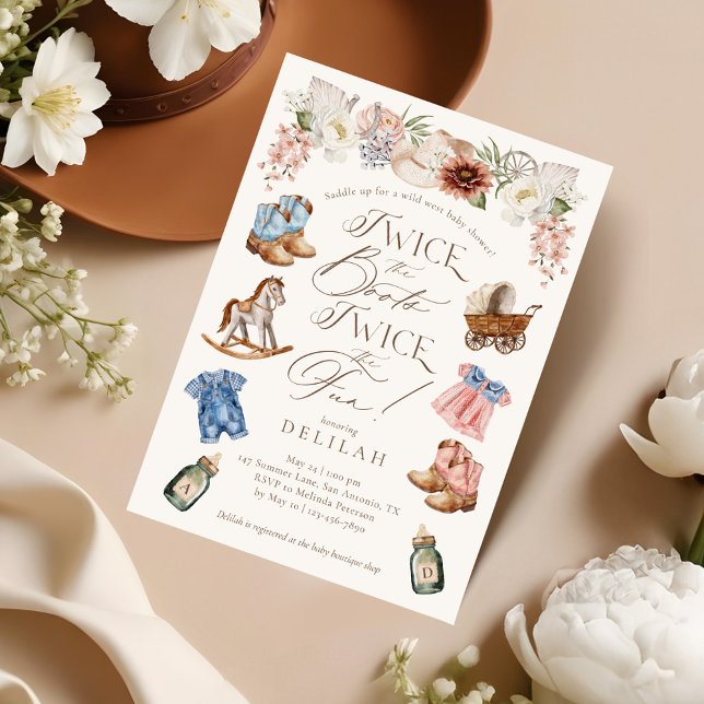 Convite Duas vezes o Chá de fraldas do Boots Twin Girl Boy (Twice the Boots Twin Girl Boy Western Baby Shower Invitation)
