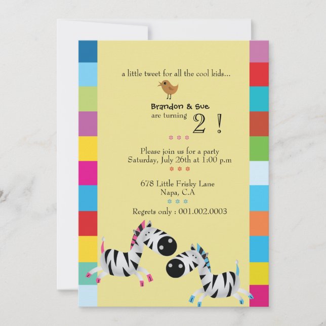 Convite Duas zebras - a festa de aniversário dos gêmeos do (Frente)