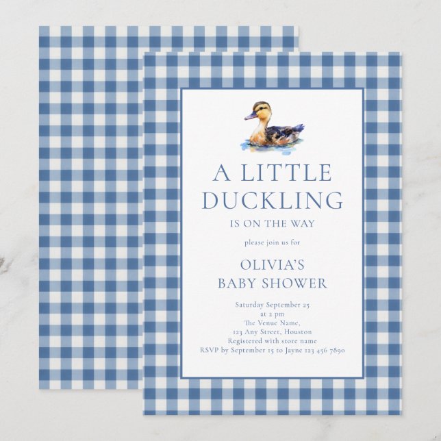 Convite Duck Blue Gingham Baby Shower (Frente/Verso)