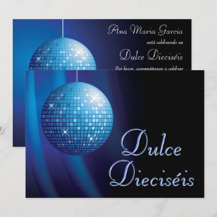 Convite Dulce Dieciséis Bola de Discoteca Azul Fiesta 