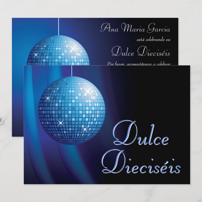 Convite Dulce Dieciséis Bola de Discoteca Azul Fiesta  (Frente/Verso)