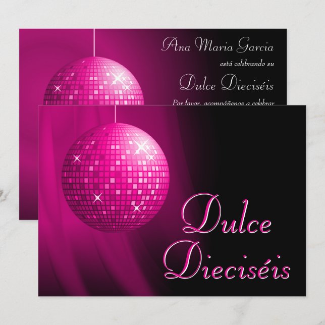 Convite Dulce Dieciséis Disco Ball Rosa Fiesta  (Frente/Verso)