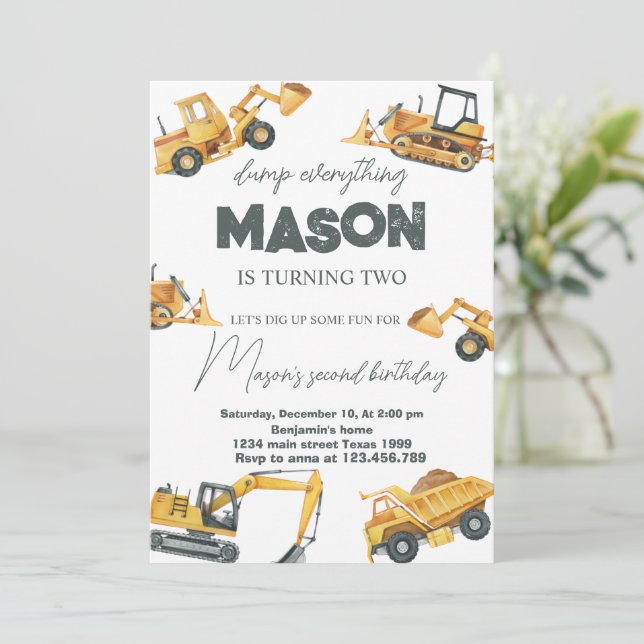 Convite Dump All Construction Birthday (Em pé/Frente)