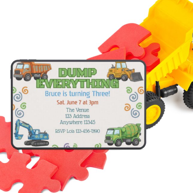 Convite Dump Everything Colorful Construction Birthday (Criador carregado)