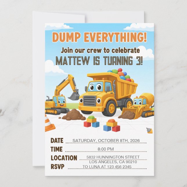 Convite Dump Everything Construction Dump Truck Birthday (Frente)