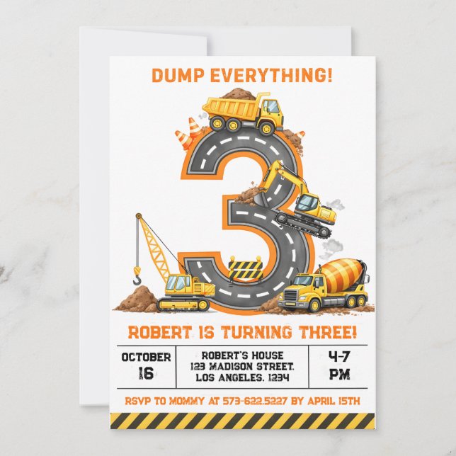 Convite Dump Everything Construction Truck 3rd Birthday (Frente)
