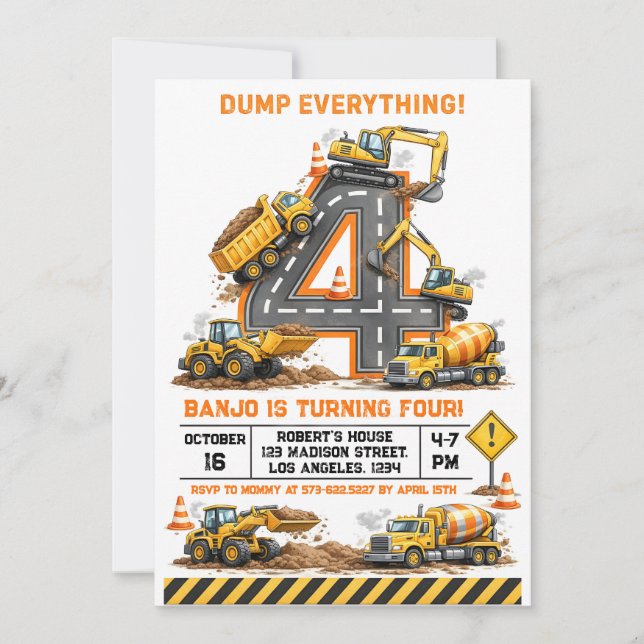 Convite Dump Everything Construction Truck 4th Birthday (Frente)