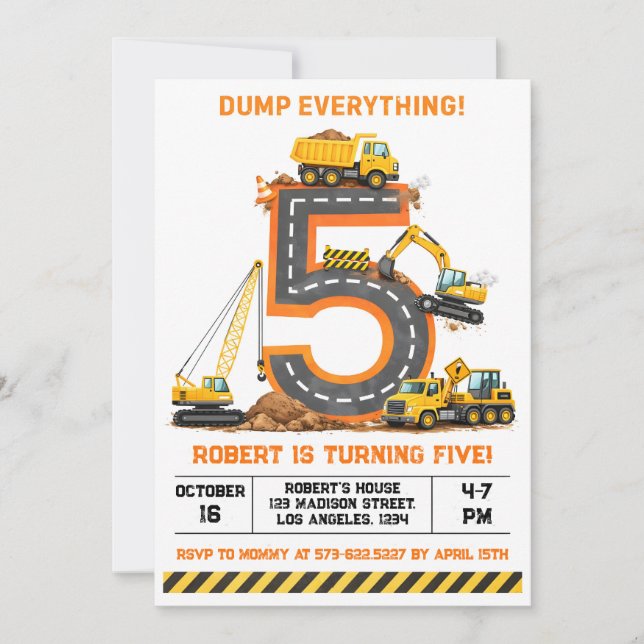 Convite Dump Everything Construction Truck 5th Birthday (Frente)
