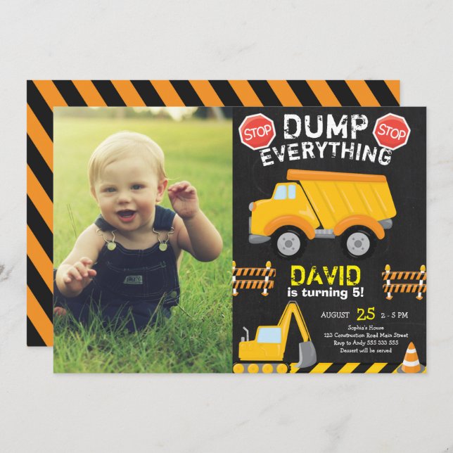 Convite Dump Truck Construction Chalk Birthday com Foto (Frente/Verso)