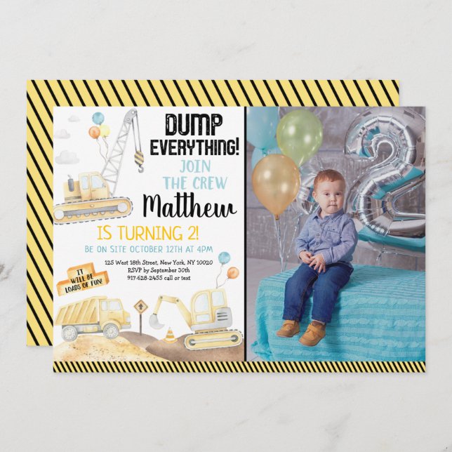 Convite Dump Truck Digger Second Birday (Frente/Verso)