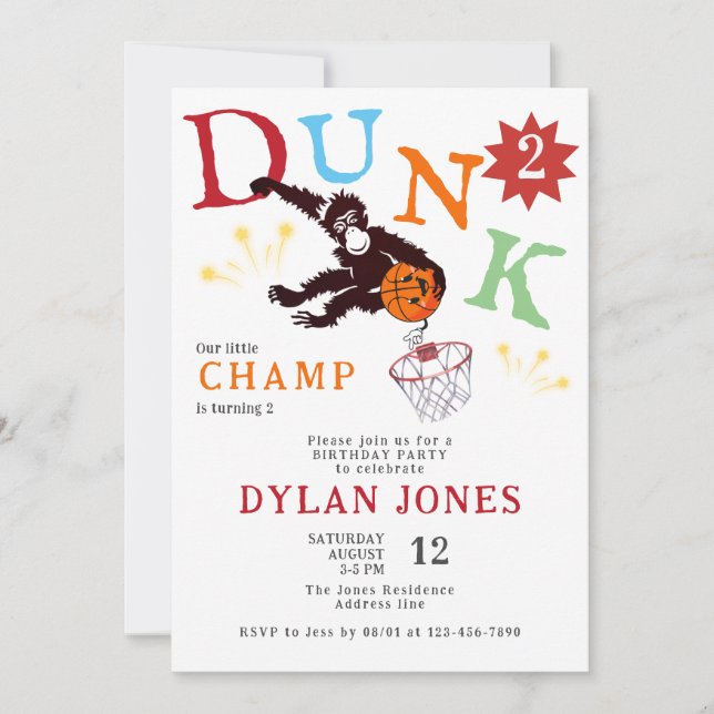 Convite Dunk! Aniversário de criança de basquete de macaco (Frente)