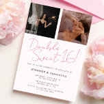 Convite Dupla Celebração de Aniversário Comum Cor-de-Rosa<br><div class="desc">Convite de aniversário moderno para uma dupla festa de 16 anos doce! Este convite de aniversário comum bonito apresenta duas fotos e uma paleta cor rosa.</div>