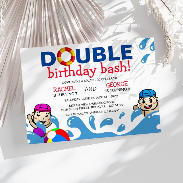 Convite Dupla Celebração | Festa de Aniversário na Piscina (Criador carregado)