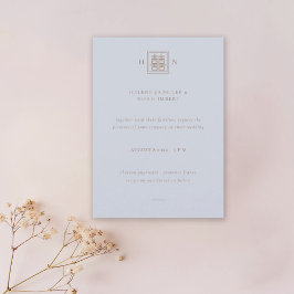 Convite Dupla Felicidade Casamento Azul e Chinês Dourado