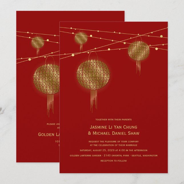 Convite Dupla Felicidade Lanternas Douradas Casamento Chin (Frente/Verso)