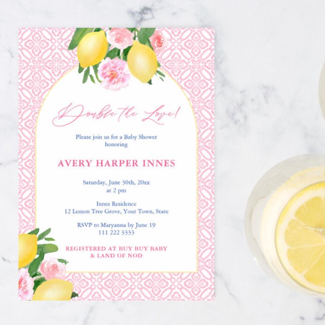 Convite Duplique O Amor Limões Rosa Chuveiro De Bebê Gêmea (Double The Love Italian Lemons With Pink Tiles Baby Shower Invitation For Twin Girls)