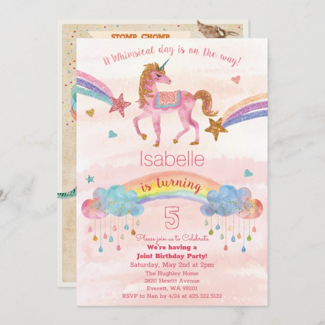 CONVITE DUPLO - Convite de Aniversário do Unicórni (Frente/Verso)