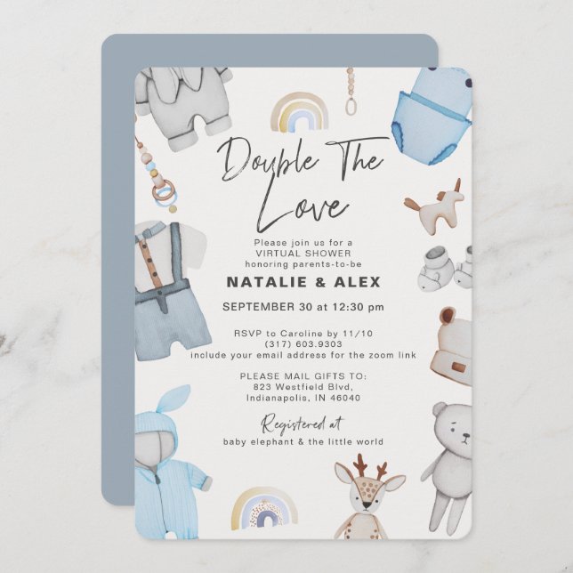 Convite Duplo Problema Roupa Chá Virtual Twin Boy Inv (Frente/Verso)