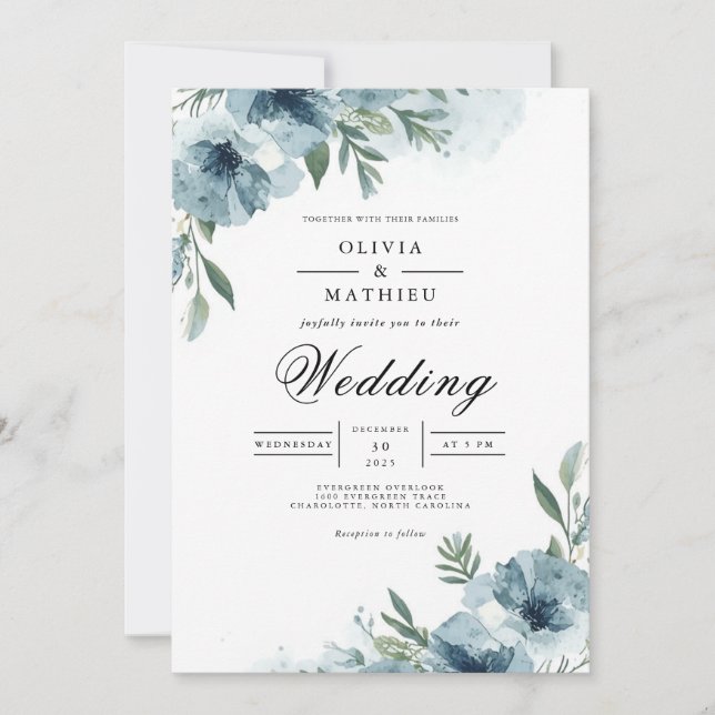 Convite Dusky Blue Floral Swirl Wedding (Frente)