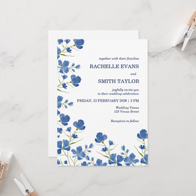 Convite Dusky Blue Flower Wedding Invite (Frente/Verso In Situ)